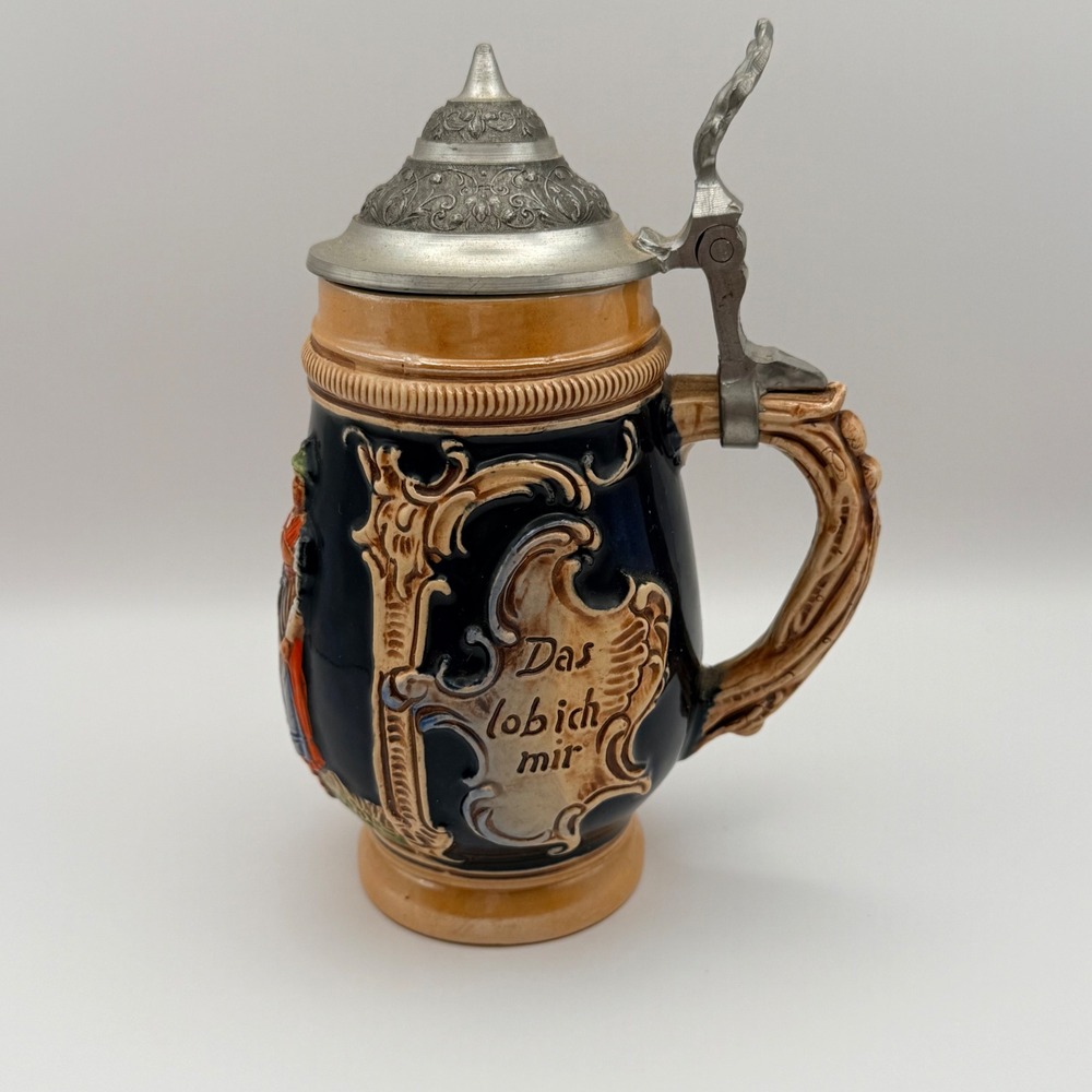 Vintage West Germany Beer Stein Cobalt Blue Ceramic Pewter Lid Tavern Scene